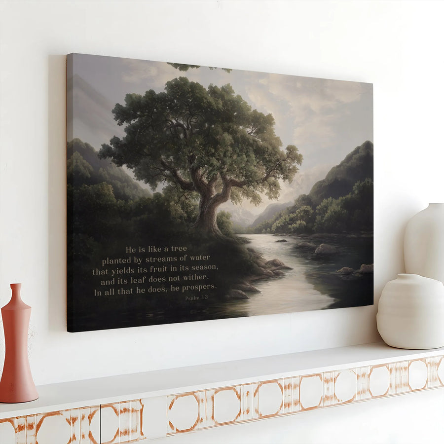Psalm 1:3 Wall Art Canvas Print | Tree by River Scripture Decor | Premium Canvas | Christian Gift for Home Decor