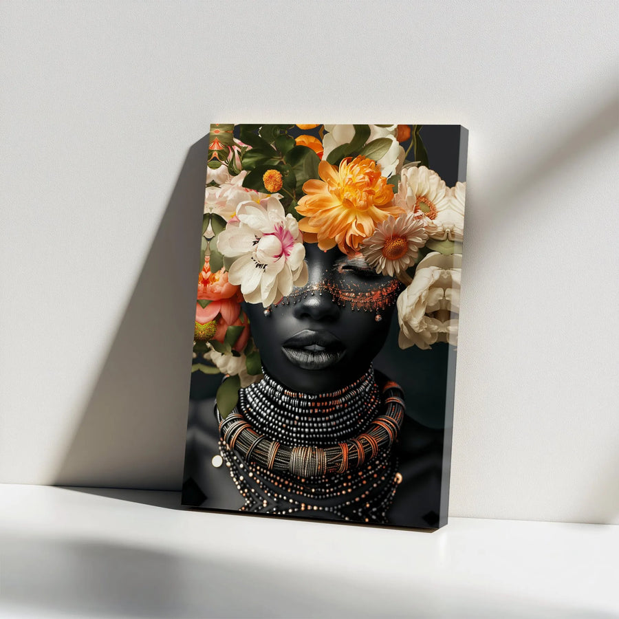 African Woman Portrait Canvas | Floral Headdress and Beaded Jewelry Wall Art | Premium Gallery Wrap Print | Elegant Cultural Home Decor Gift