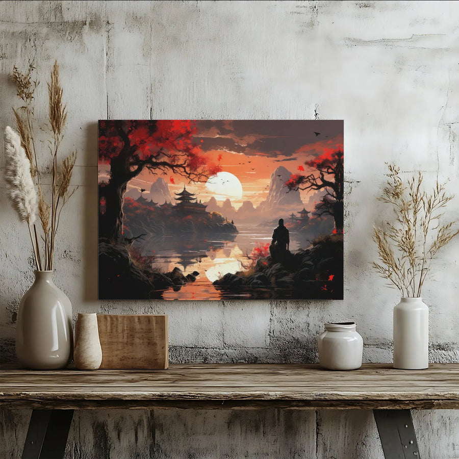 Japanese Sunset Pagoda Horizontal Canvas | Serene Mountain Lake & Red Autumn Trees | Premium Gallery-Style Wall Art | Zen Meditation Room Decor