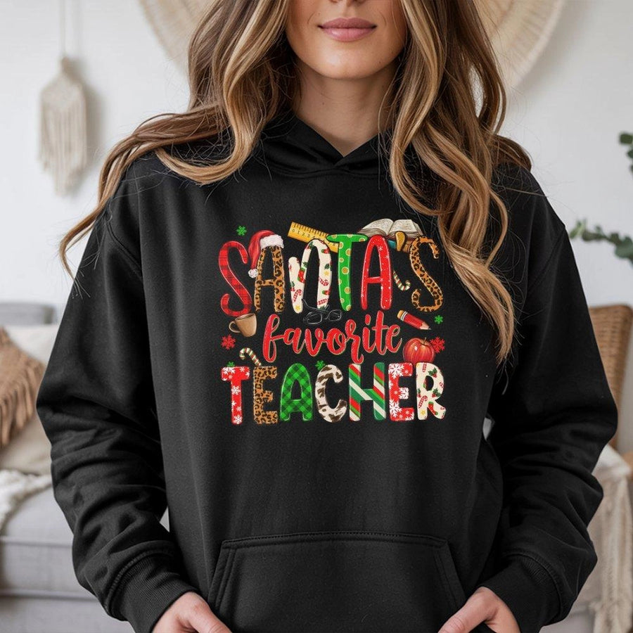 Santa's Favorite Teacher Hoodie | Festive Leopard Plaid Design | Premium Cotton Blend | Holiday Gift for Educators & School Staff