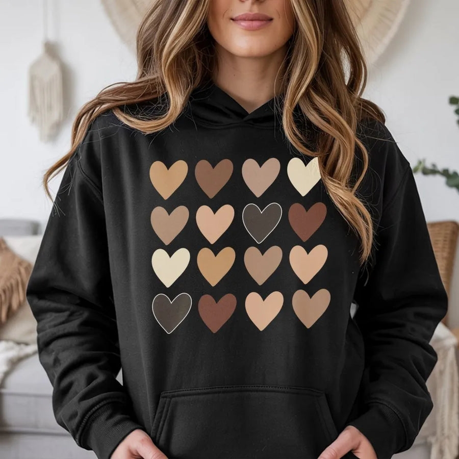 Diversity Hearts Hoodie | Inclusive Skin Tone Heart Graphic | Premium Cotton Blend Sweatshirt | Social Justice Equality Apparel Gift