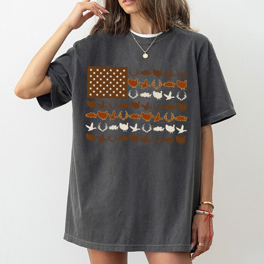 American Flag Hunting T-Shirt | Deer Duck Fish Silhouette Graphic | 100% Cotton Premium Quality | Patriotic Gift for Outdoorsman and Hunter