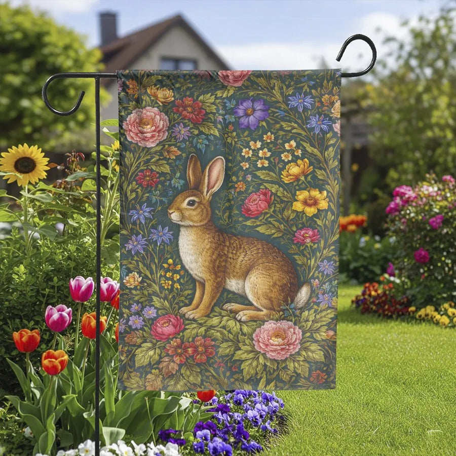 Vintage Floral Bunny Garden Flag | Double-Sided Botanical Rabbit Print | Weather Resistant Polyester | Cottagecore Yard Decor and Gardener Gift