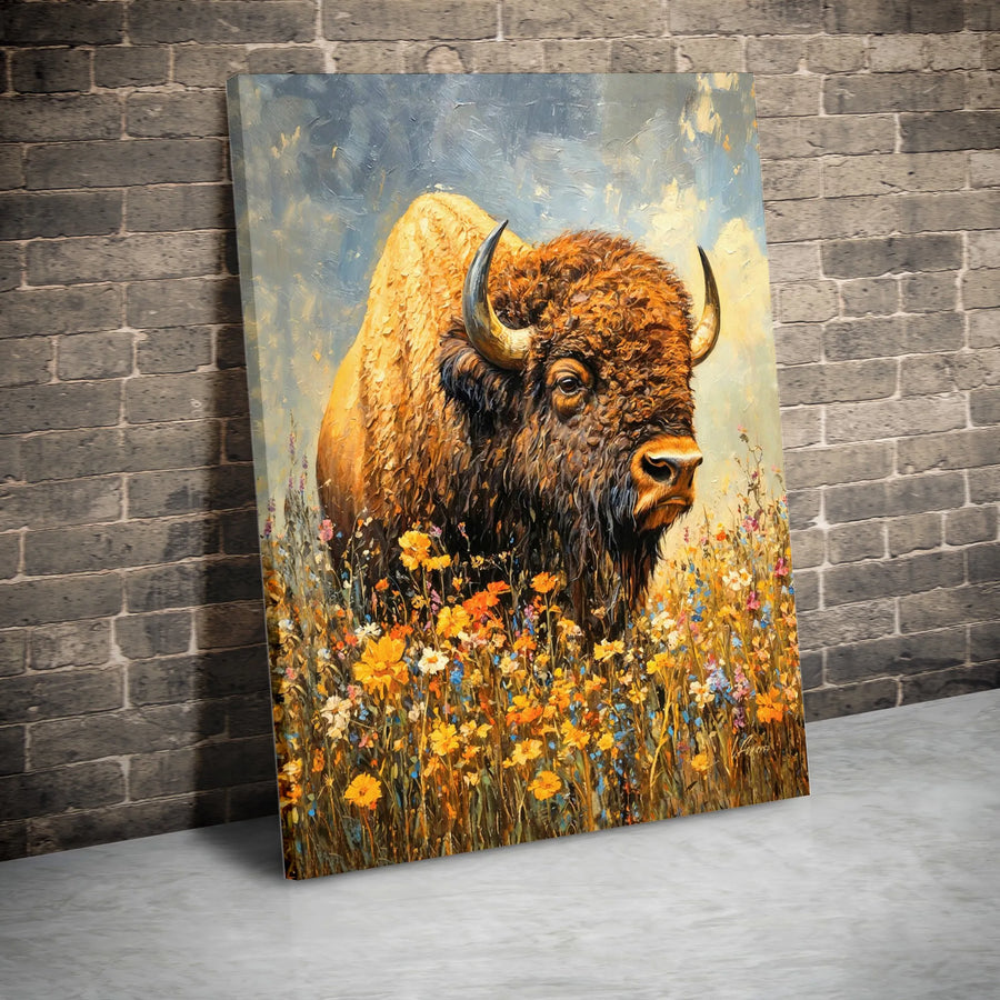 American Bison Canvas Wall Art | Impressionist Wildflower Meadow Print | Premium Gallery-Wrapped Portrait | Wildlife Farmhouse Home Decor Gift