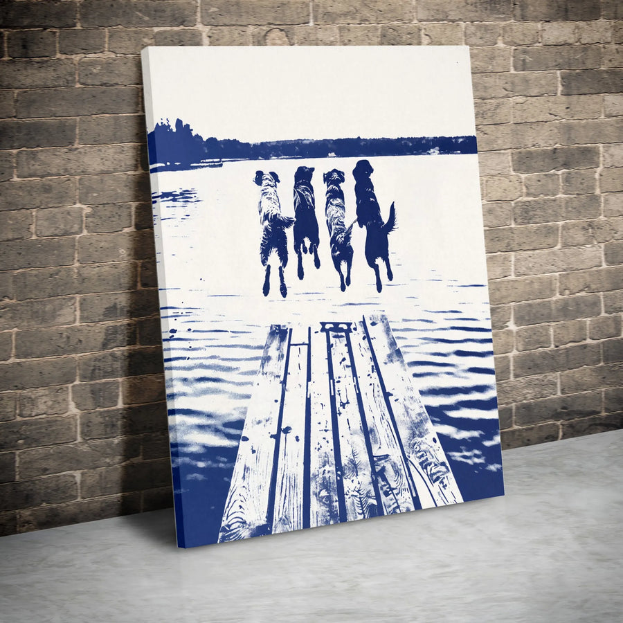 Dog Dock Jumping Wall Art | Blue and White Lake Scene Print | 1.25 Inch Gallery Wrapped Canvas | Modern Home Decor Gift for Dog Lovers