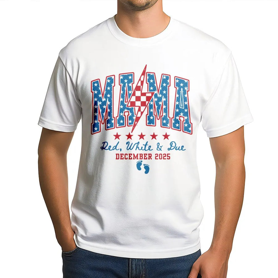 4th of July Pregnancy Announcement Shirt | Red White and Due Patriotic Mama Graphic | Soft Cotton Tee | Gift for Expecting Mom