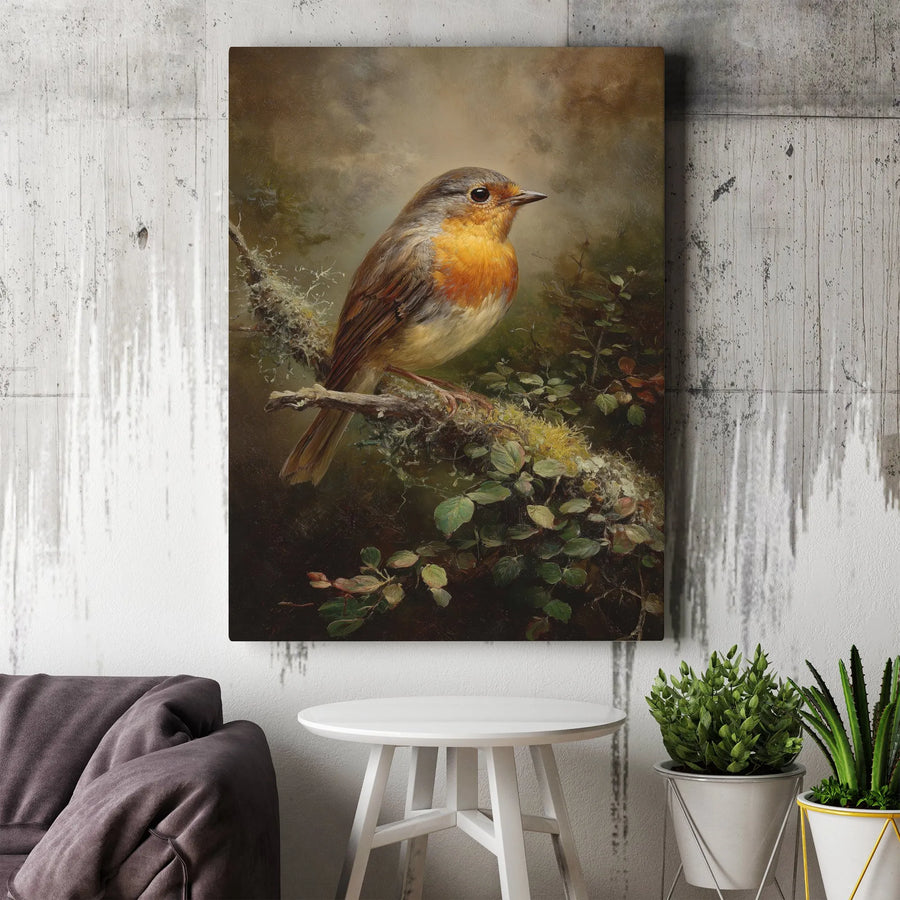 Vintage Robin Bird Canvas Wall Art | Classic Oil Painting Style Print | Premium Gallery Wrapped Canvas | Bird Watcher Gift & Farmhouse Decor
