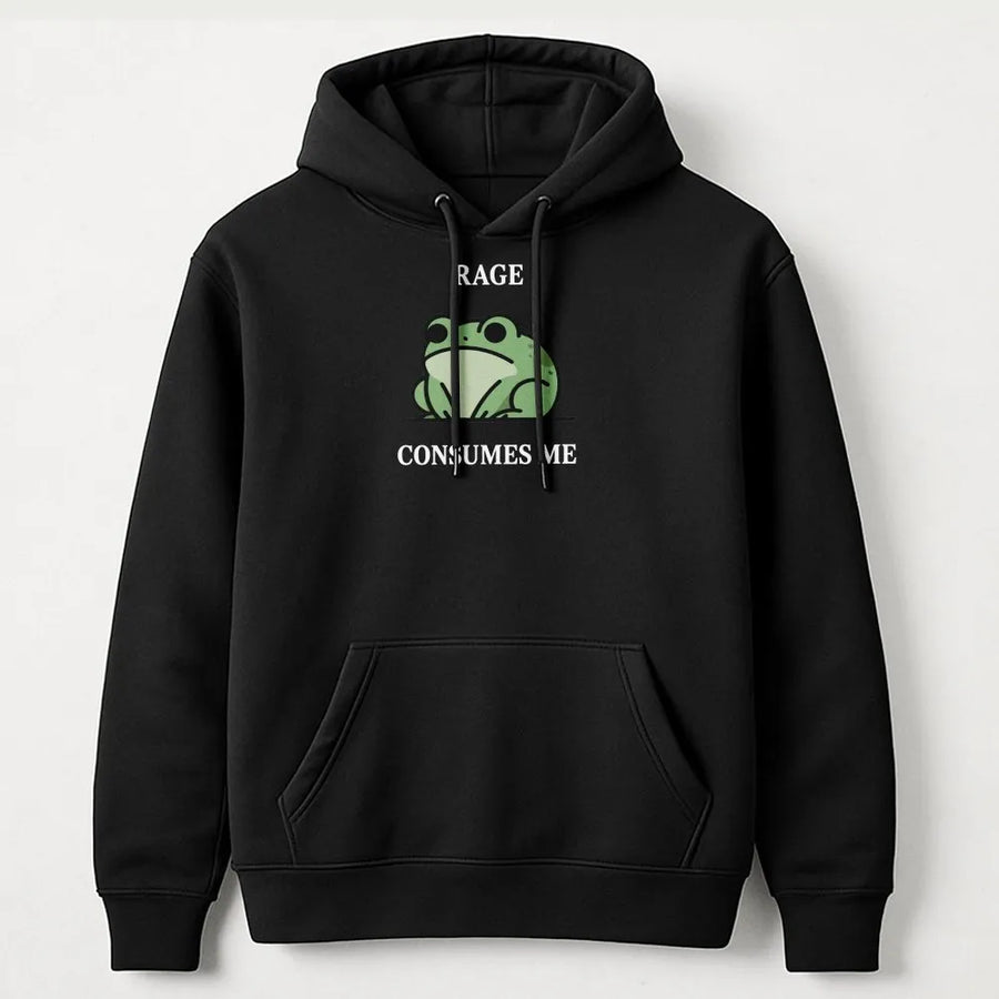 Silly Frog Graphic Hoodie | Rage Consumes Me Retro Meme Design | Premium Cotton-Poly Blend | Unisex Gift for Nature Lovers