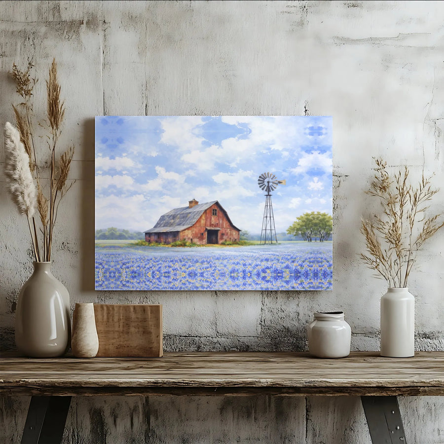 Texas Bluebonnet Canvas Wall Art | Rustic Red Barn and Windmill Painting | Premium Gallery Wrapped Art | Farmhouse Living Room Decor Gift