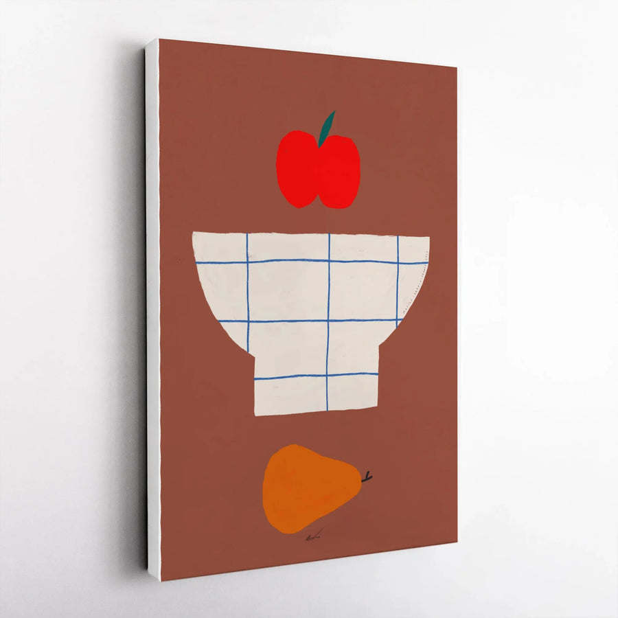 Modern Fruit Bowl Canvas Print | Minimalist Still Life with Apple & Pear | Premium Gallery Wrap Art | Kitchen & Dining Room Decor Gift