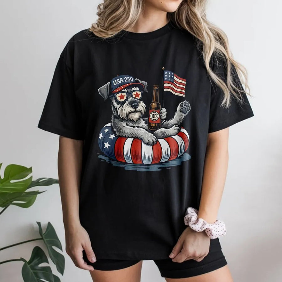 USA 250 Schnauzer T-Shirt | Funny Patriotic Dog with Flag & Beer | Soft Cotton Blend Crewneck | Independence Day Gift for Dog Lover