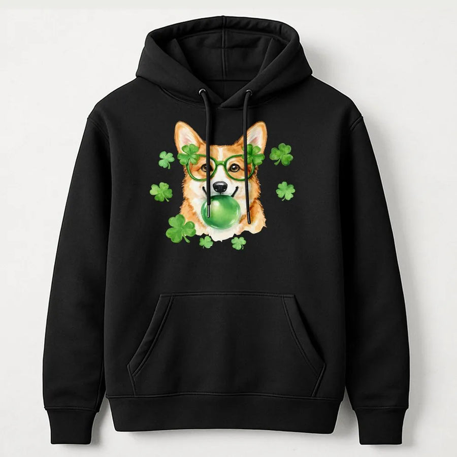 St Patrick's Day Corgi Hoodie | Lucky Clover Bubble Gum Dog Graphic | Soft Cotton Blend Unisex Pullover | Funny Irish Pet Lover Gift