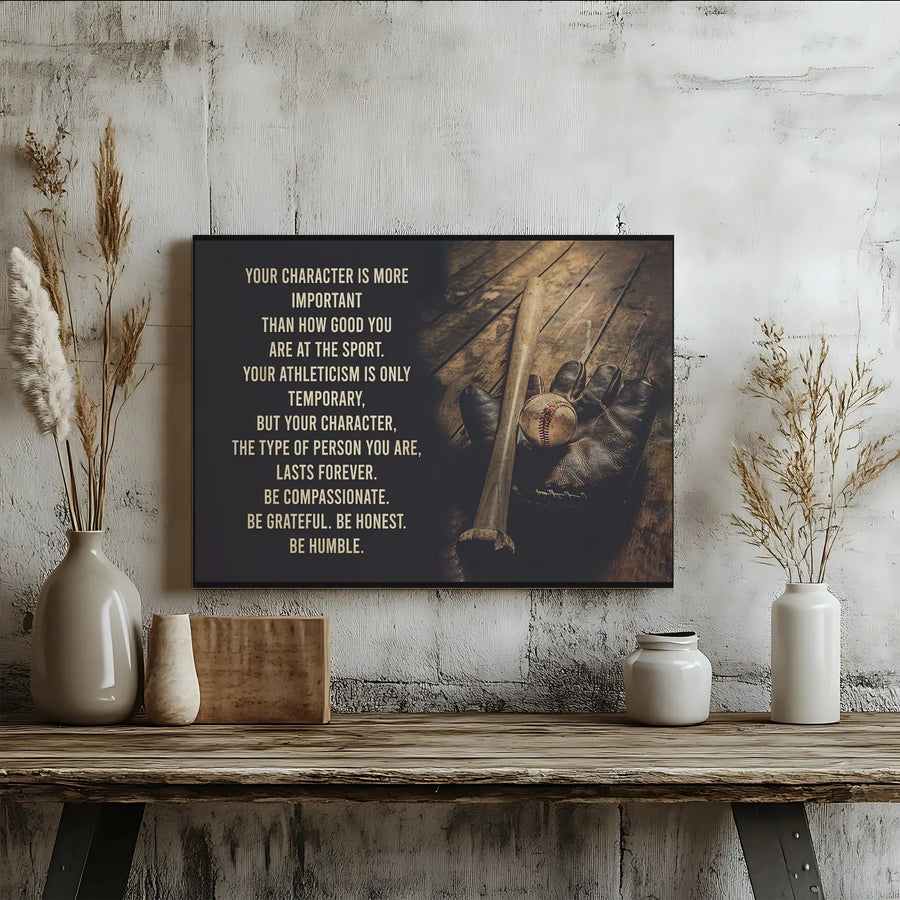 Baseball Motivational Canvas Art | Your Character Is More Important Quote | Premium Gallery Wrapped Wall Decor | Gift for Athlete or Coach