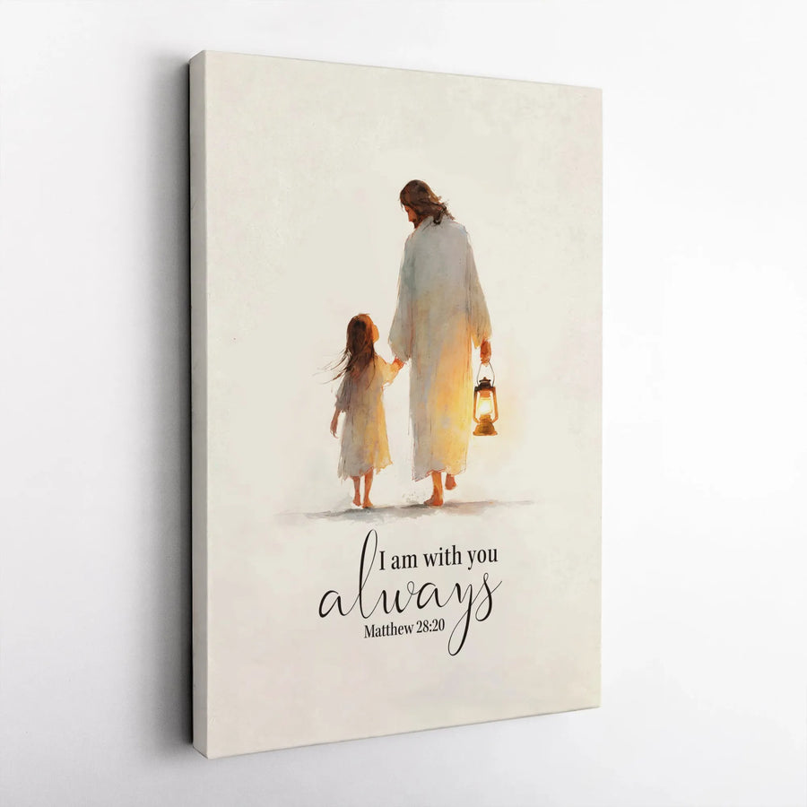 Jesus and Child Canvas Print | I Am With You Always Matthew 28:20 | Premium Watercolor Style Wall Art | Christian Home Decor Gift