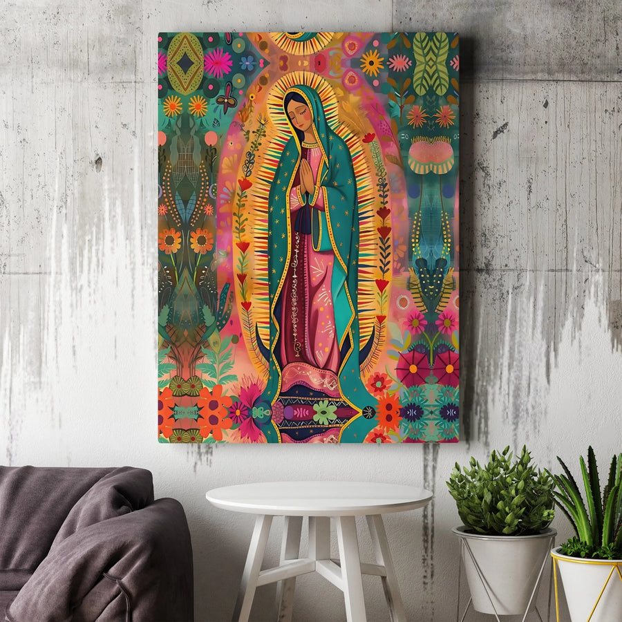Our Lady Of Guadalupe Canvas Print | Vibrant Mexican Folk Art Floral Decor | Premium Gallery Wrap Wall Art | Catholic Religious Gift For Home