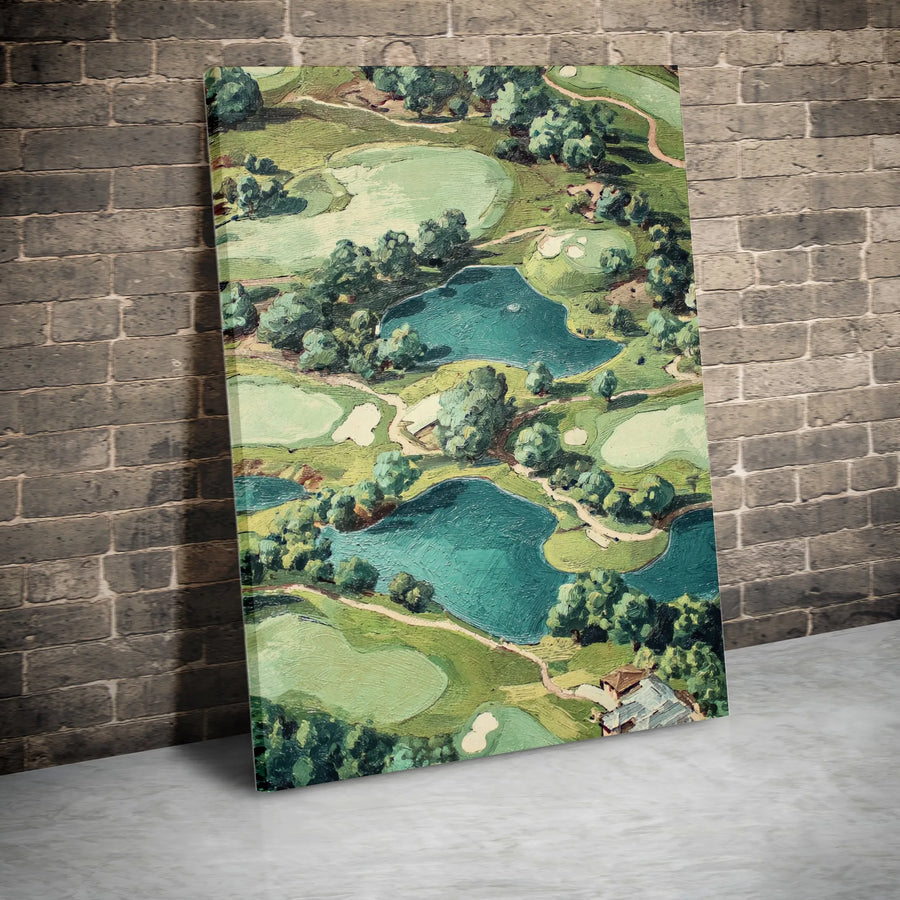 Vintage Golf Course Canvas | Aerial Impressionist Painting Print | Premium Wall Art | Collector's Gift for Golfer, Man Cave Office Decor