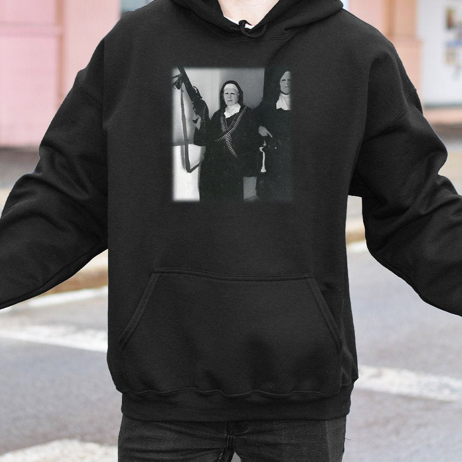 Nun With Machine Gun Hoodie | Retro Edgy Aesthetic Graphic Print | Cotton Polyester Blend | Funny Gift For Alternative Streetwear Fans