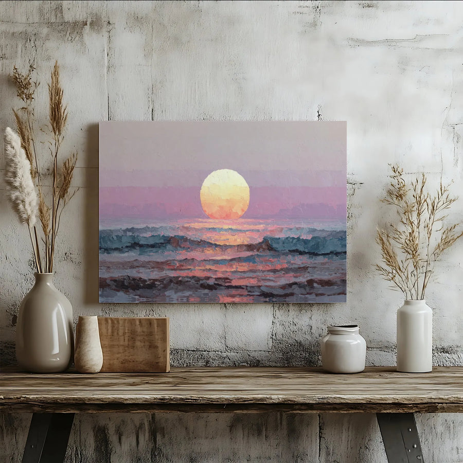 Impressionist Ocean Sunset Canvas | Textured Seascape Wall Art | Gallery Wrapped Premium Print | Modern Coastal Home Decor