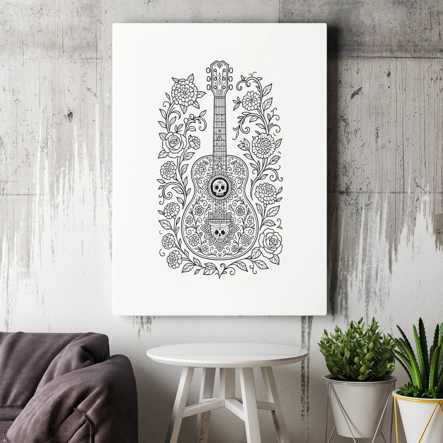 Sugar Skull Guitar Canvas Wall Art | Floral Dia De Los Muertos Illustration | Gallery Quality Premium Print | Gothic Music Decor For Home Office