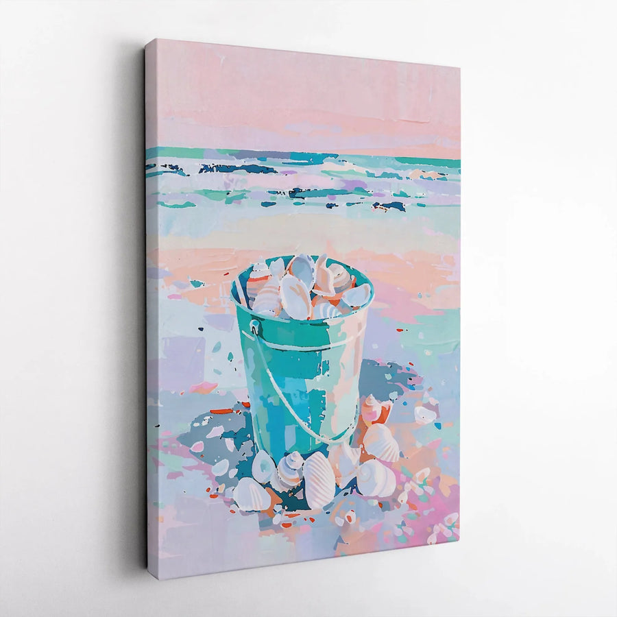 Seashell Bucket Canvas Art | Coastal Beach Painting Wall Decor | Premium 1.25-Inch Gallery Wrap | Summer Nautical Gift for Home Office