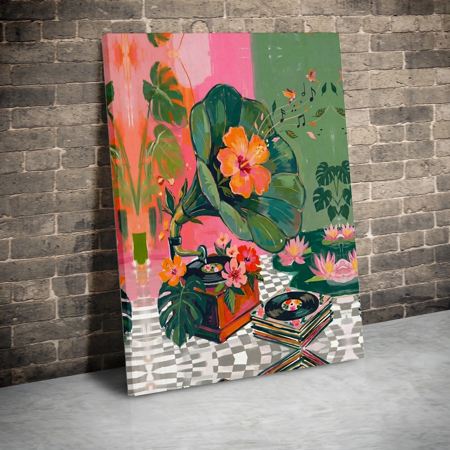 Tropical Gramophone Canvas Print | Floral Music Art With Vinyl Records | Premium Gallery Wrap Wall Decor | Boho Music Lover Gift For Home