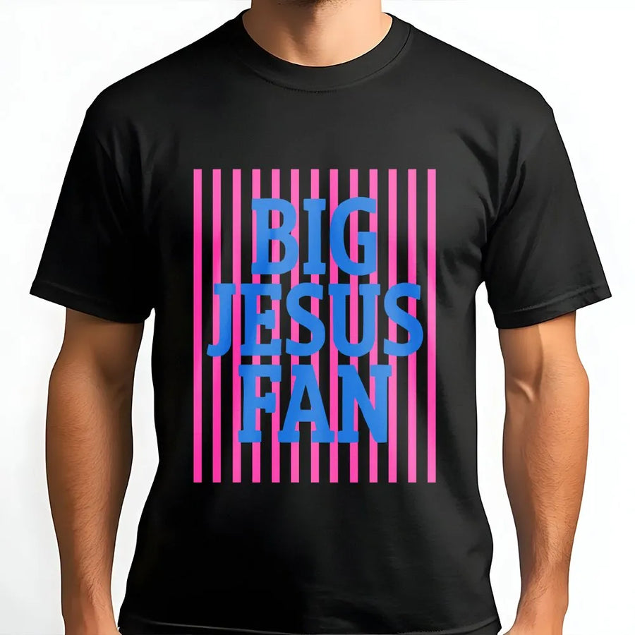 Big Jesus Fan T-Shirt | Preppy Striped Christian Graphic | Premium Cotton Blend | Inspirational Faith Gift for Women