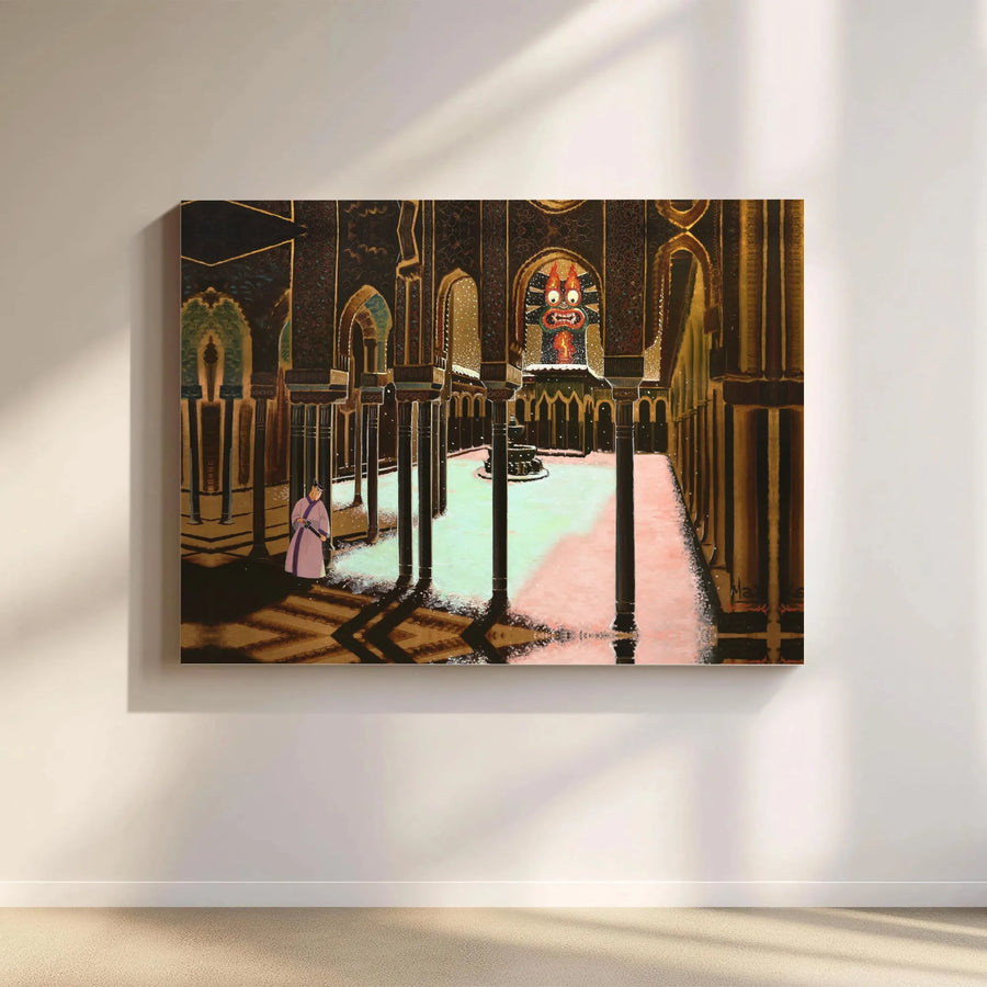 Samurai and Oni Demon Wall Art | Snowy Moorish Courtyard Canvas | 1.25" Thick Premium Gallery Wrap | Dark Fantasy Decor for Home Office