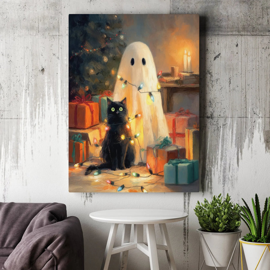 Ghost and Black Cat Christmas Canvas Wall Art | Spooky Cute Holiday Lights Painting | Gallery Wrap Wooden Frame | Festive Home Decor Gift