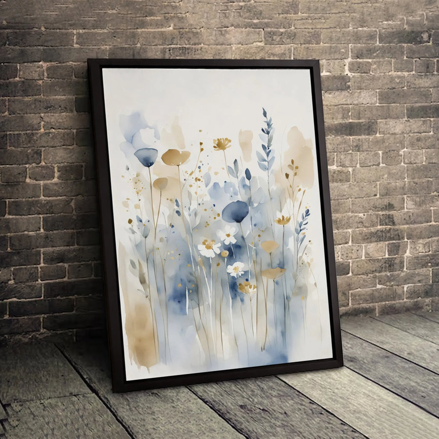 Abstract Watercolor Wildflower Canvas Wall Art | Blue and Gold Botanical Print | Premium Gallery Wrap | Modern Home Office Decor Gift