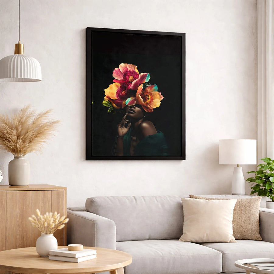 Black Woman Canvas Art | Vibrant Floral Headdress Portrait | Premium 1.25 Inch Gallery Wrap | Modern Home Decor Gift