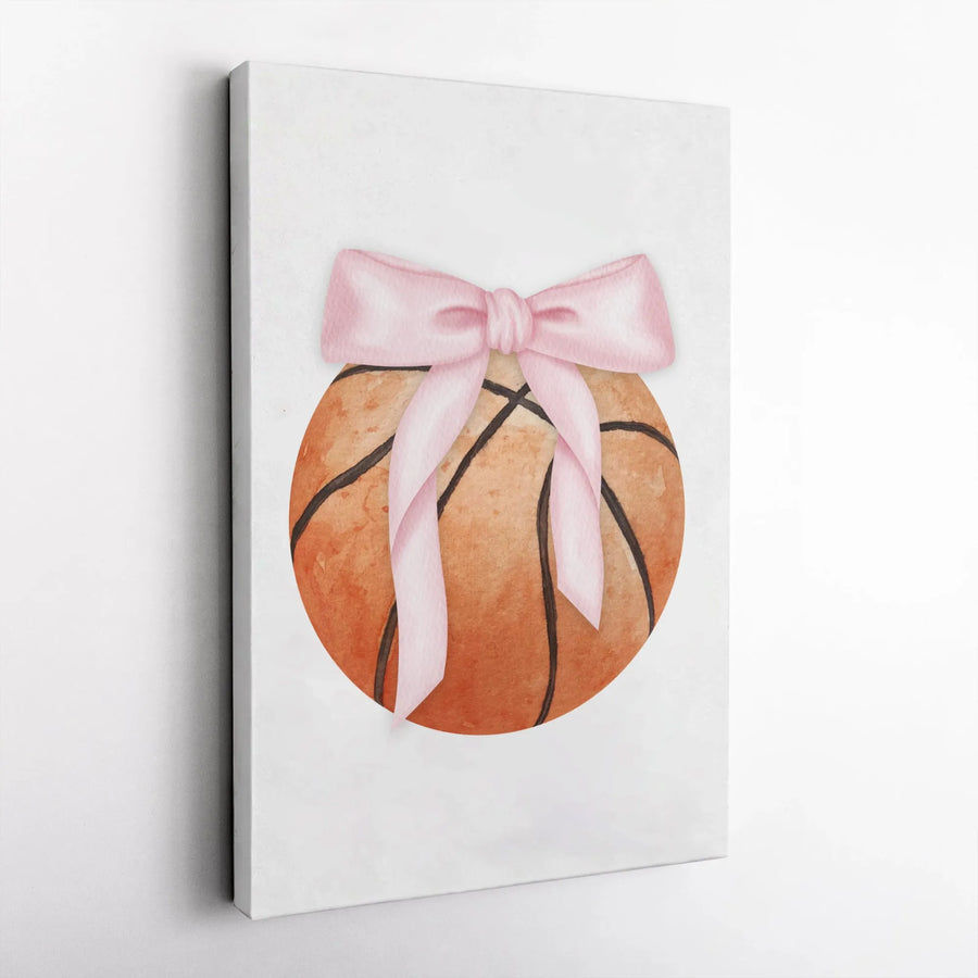 Basketball Wall Art | Watercolor Sporty Ball With Pink Bow | Premium Gallery-Wrapped Canvas | Gift For Basketball Mom Or Girl Athlete