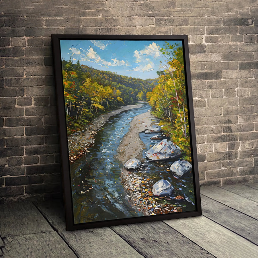 Autumn River Forest Landscape Canvas | Impasto Style Nature Wall Art | 1.25-Inch Premium Gallery Profile | Scenic Home Decor Gift for Nature Lovers
