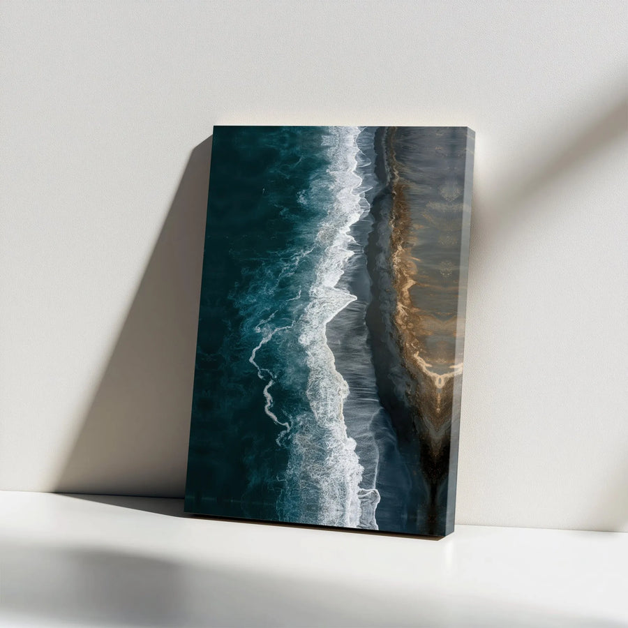 Aerial Ocean Canvas Wall Art | Moody Black Sand Beach Drone Photography | Premium Gallery Wrapped Print | Modern Coastal Home Decor Gift