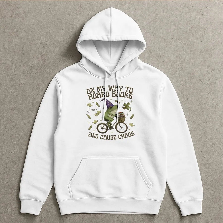 Funny Frog Book Lover Hoodie | Hoard Books Cause Chaos Graphic | Vintage Cottagecore Style | Unisex Bookish Gift for Readers
