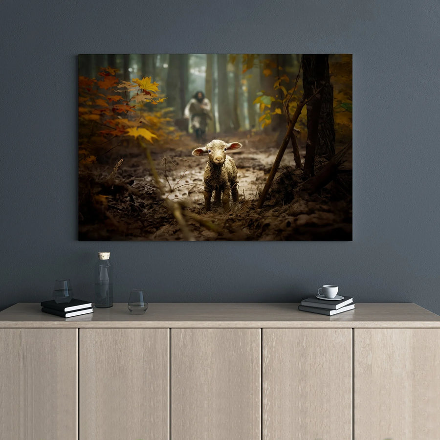 Jesus The Good Shepherd Canvas | Lost Lamb In Forest Art | 1.25 Inch Gallery Wrap | Christian Home Decor Gift