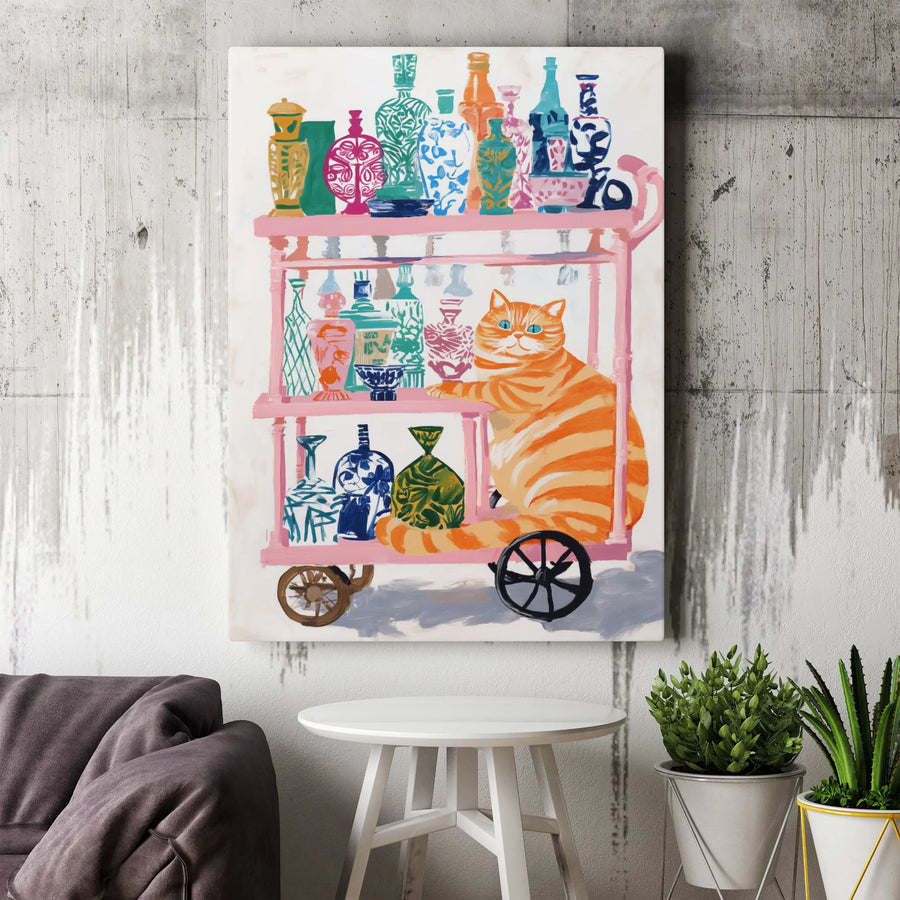 Orange Tabby Cat Wall Art | Whimsical Bar Cart Illustration | Premium Gallery Canvas | Cute Maximalist Home Decor Gift