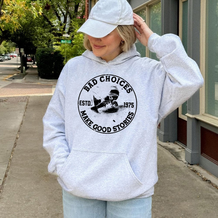 Bad Choices Make Good Stories Hoodie | Edgy Nun Illustration Graphic | Premium Cotton Blend | Funny Sarcastic Gift for Adults