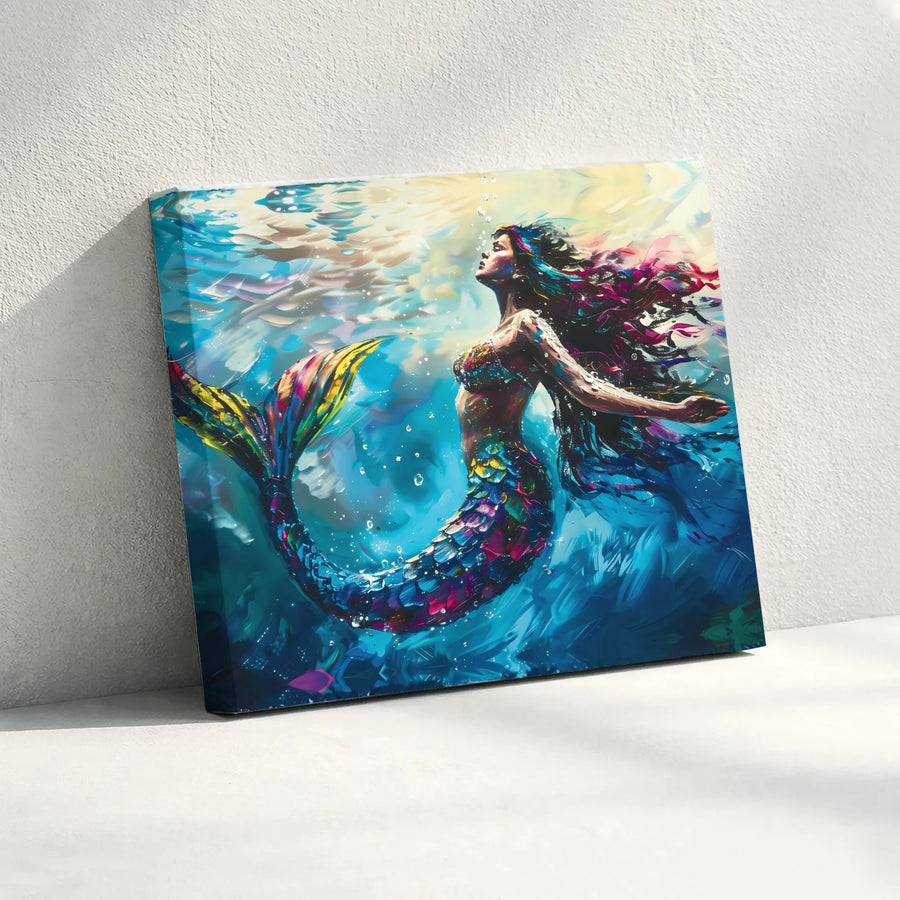 Colorful Mermaid Canvas Wall Art | Vibrant Underwater Fantasy Painting | Premium Gallery Wrapped Print | Nautical Bathroom Decor Gift