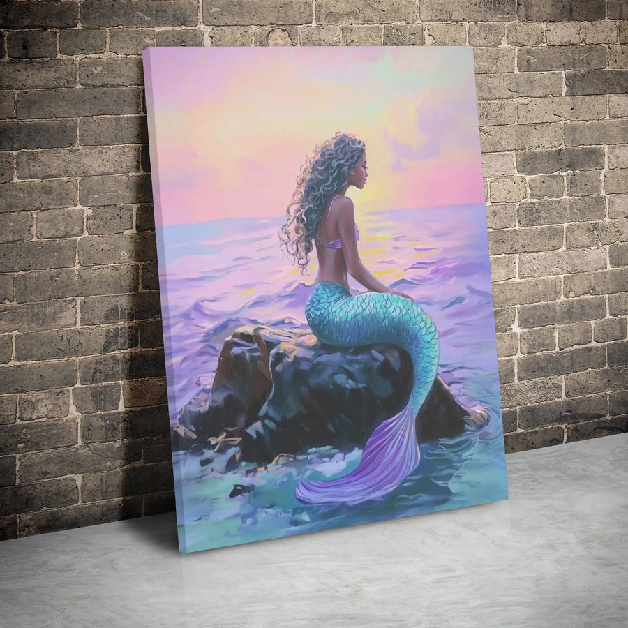 Black Mermaid Wall Art | Sunset Ocean Beach Canvas Print | Premium Gallery Wrap Decor | Aesthetic Fantasy Gift for Girls Room