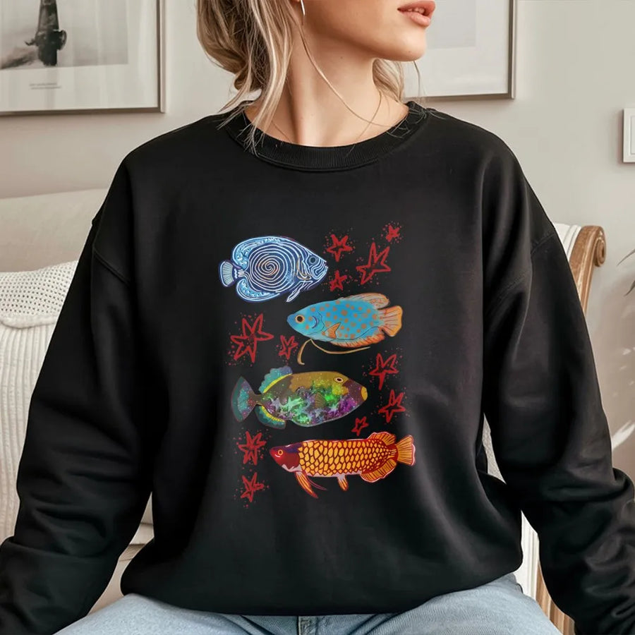 Colorful Fish Graphic Sweatshirt | Y2K Aquarium Aesthetic Tropical Fish Art | Soft Cotton T-Shirt | Trendy Streetwear Gift for Her