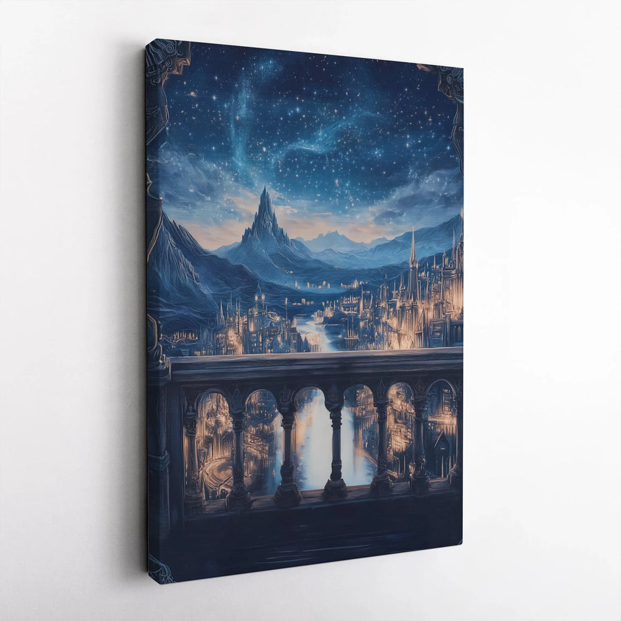 Fantasy Cityscape Canvas Wall Art | Starry Night Balcony View | Premium Gallery Wrap Print | Magical Home Decor Gift for Fantasy Lovers