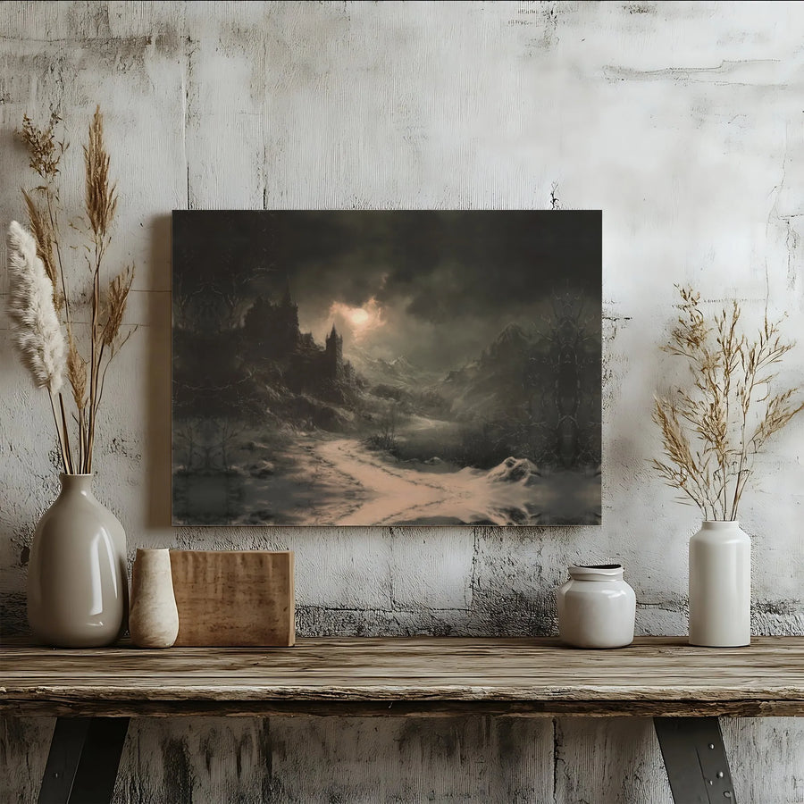 Gothic Castle Canvas Wall Art | Snowy Mountain Moonlight Landscape | Gallery Quality Fade-Resistant Print | Moody Dark Fantasy Home Decor