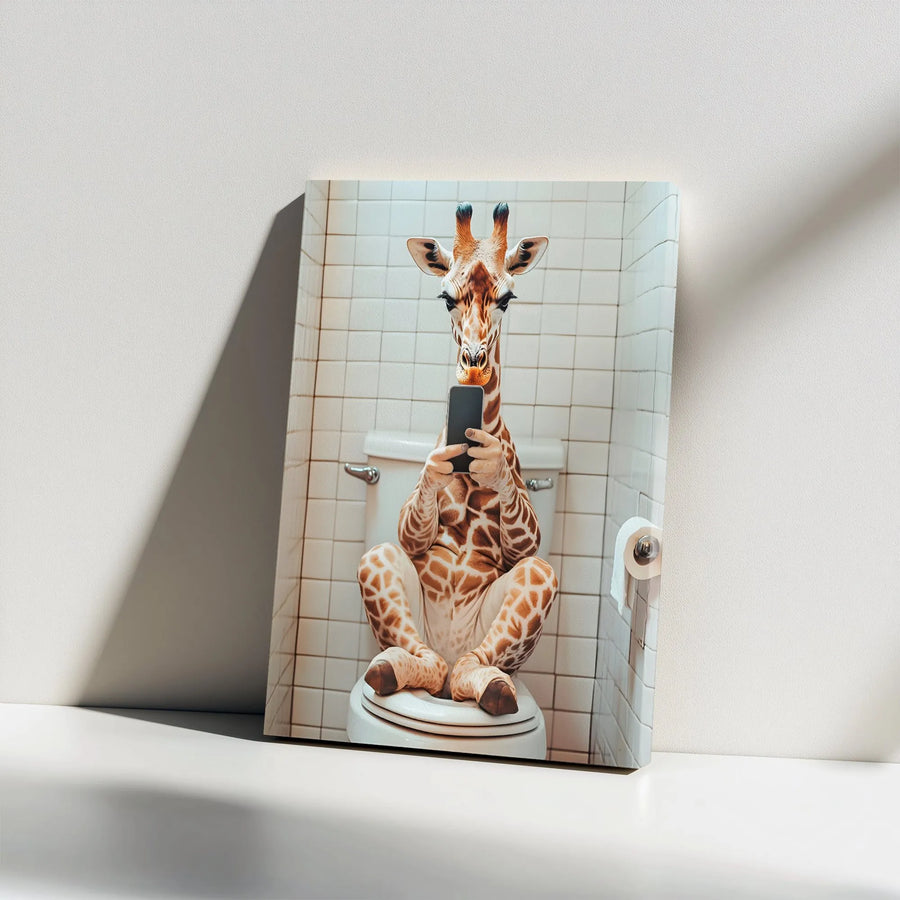 Funny Giraffe Bathroom Wall Art | Quirky Animal Toilet Phone Print | Premium Gallery Wrap Canvas | Unique Humorous Home Decor Gift