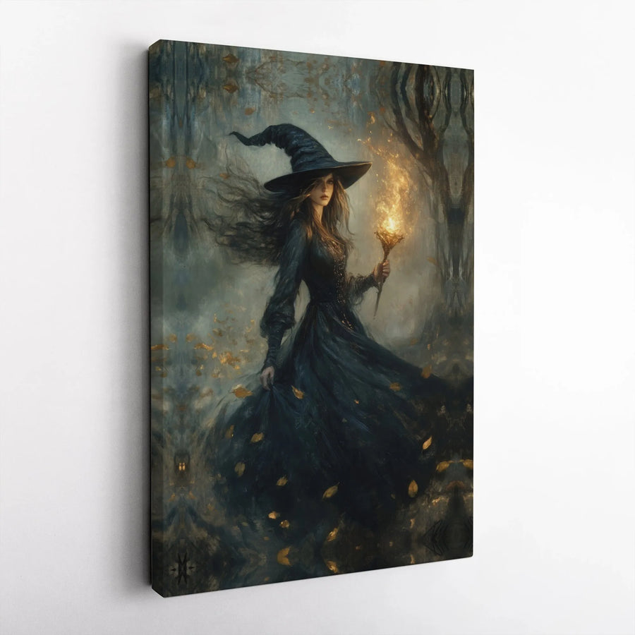 Mystical Forest Witch Canvas Wall Art | Dark Academia Gothic Fantasy Decor | Premium Gallery Wrapped Print | Gift for Witchcraft Lovers