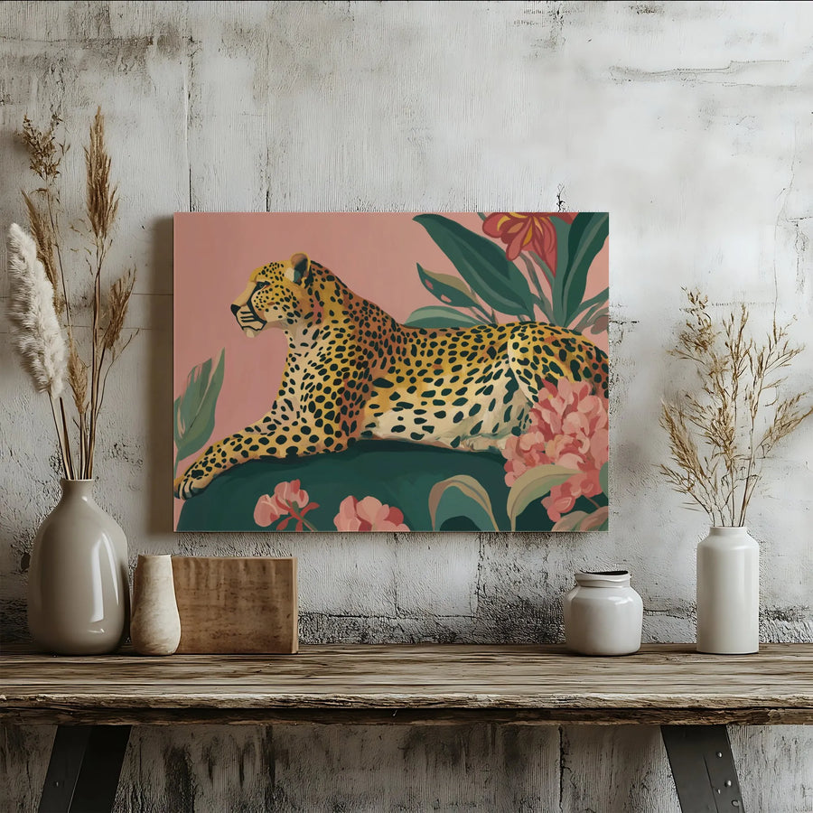 Leopard Canvas Wall Art | Tropical Jungle Cat & Floral Painting | Premium 1.25" Thick Canvas | Boho Bedroom Decor Gift for Her