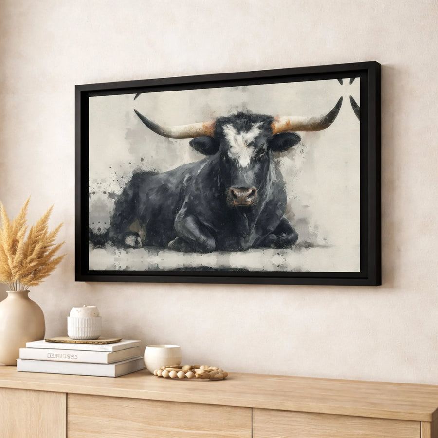 Texas Longhorn Bull Wall Art | Black And White Watercolor Animal Print | Premium 1.25 Inch Gallery Wrapped Canvas | Rustic Farmhouse Home Decor