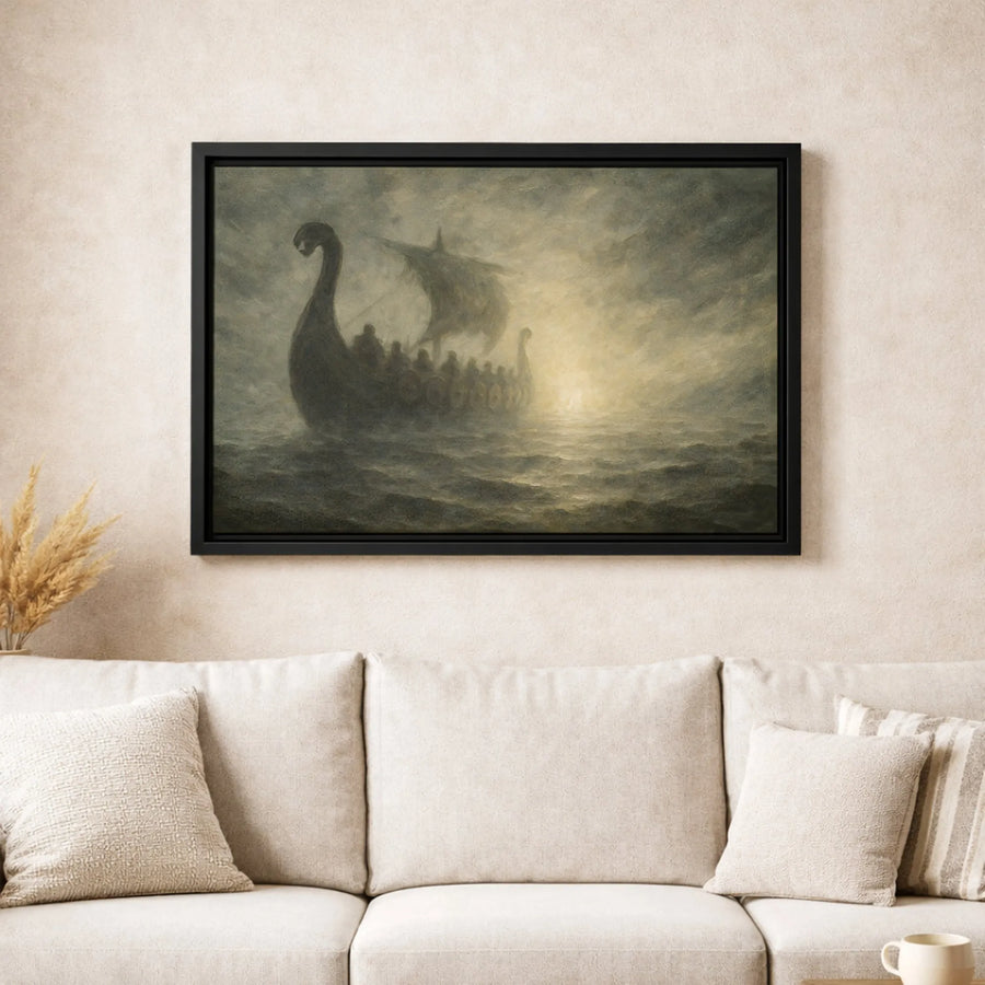 Viking Longship Wall Art | Moody Stormy Ocean Canvas Print | Premium Gallery-Wrapped Decor | Historic Norse Mythology Gift for Men