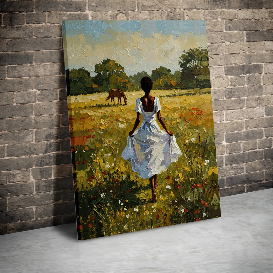 Black Woman in Field Canvas Art | Impressionist Painting Print | Thick Gallery Wrap Wall Decor | Rustic Farmhouse Living Room Gift