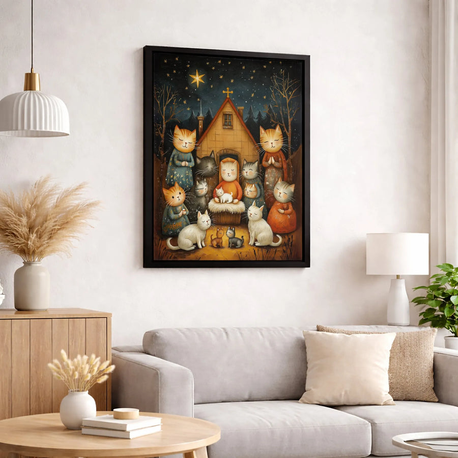 Cat Nativity Wall Art | Whimsical Kitten Christmas Scene | Premium Gallery-Wrapped Canvas Print | Religious Holiday Home Decor Gift