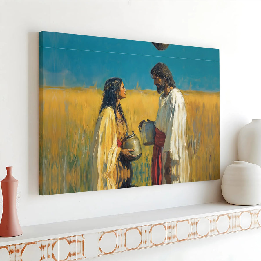 Jesus and the Samaritan Woman Canvas Art | Biblical Field Scene Painting | Premium Gallery-Wrapped Print | Religious Christian Home Decor Gift